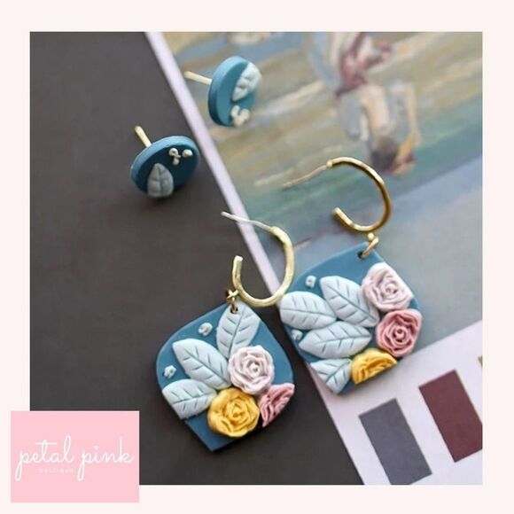 4-Piece Polymer Clay Earring Set Studs Dangle Flower Teal Yellow Summer Fall - Picture 1 of 4